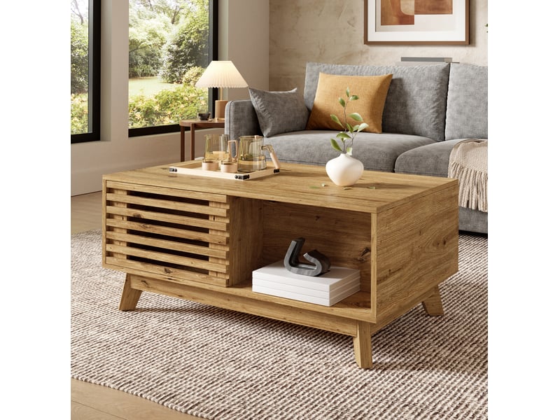  Table basse 90x55x57,5 cm en mdf avec plateau relevable et porte coulissante naturelle chicfurn  - Conforama B