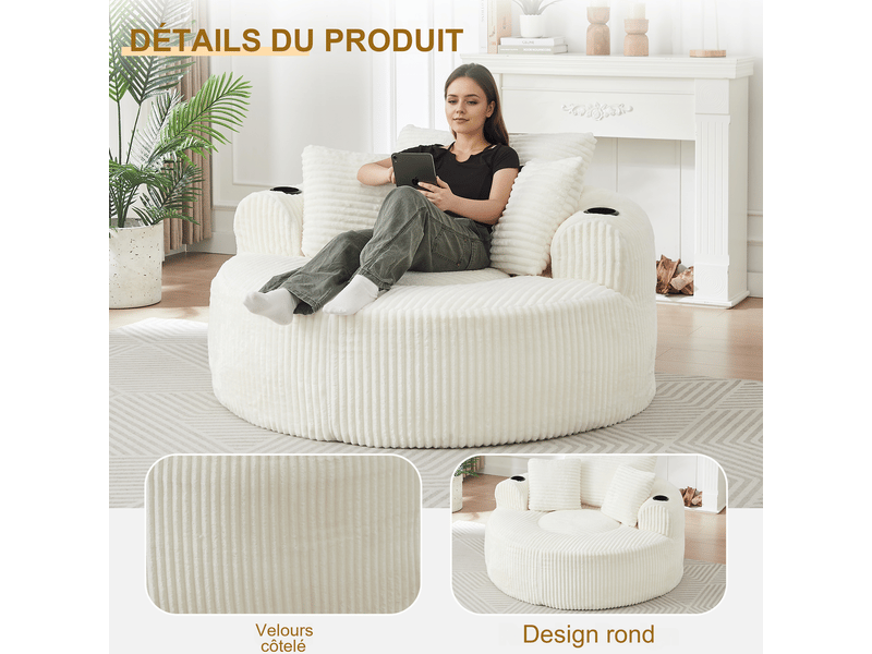  Fauteuil lounge rond 1 place en velours côtelé beige 142x142 cm, 2 porte-gobelets, 3 coussins, rangement latéral, salon ou chambre 142X142X85cm - Conforama E