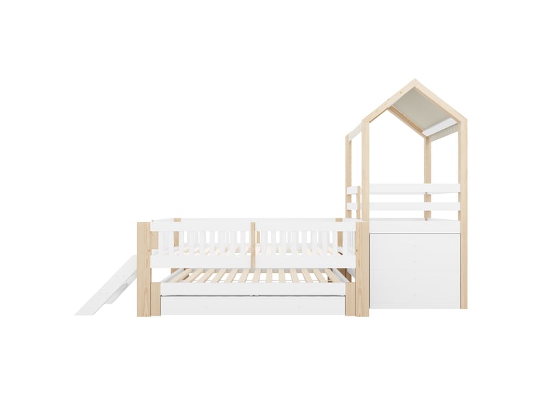 Lit gigogne 90x190 cm - lit cabane enfant 90x200 cm - 4 tiroirs, escalier et toit en tissu - blanc  - Conforama R