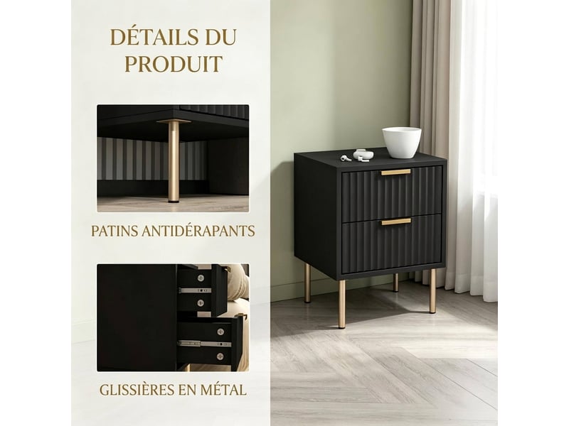  Table de chevet noire avec 2 tiroirs, façade cannelée et pieds en acier, 40x39x48 cm  - Conforama D