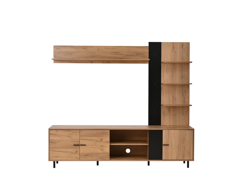  Ensemble meuble tv mural bois naturel et noir 187,5x40x167 cm avec vitrine, étagères ouvertes et 3 meubles pour tv jusqu'à 80 pouces  - Conforama A