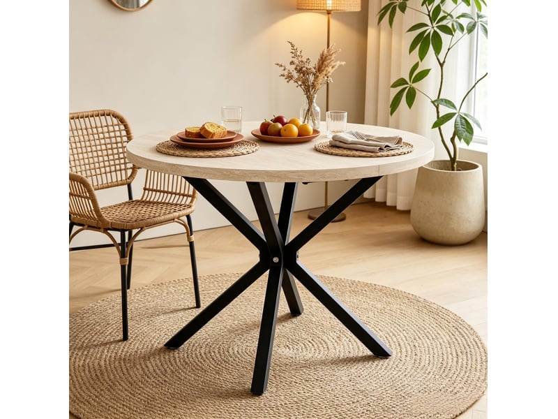  Table à manger ronde 100 cm, plateau mdf décor imitation pierre et piètement noir  - Conforama B