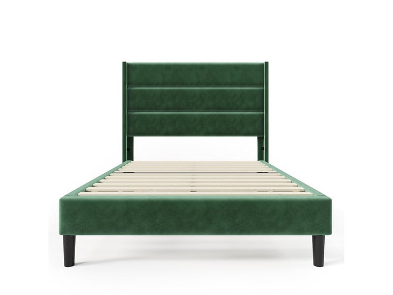  Lit simple 90x200 cm avec tête de lit et lattes, revêtement textile vert foncé  - Conforama D