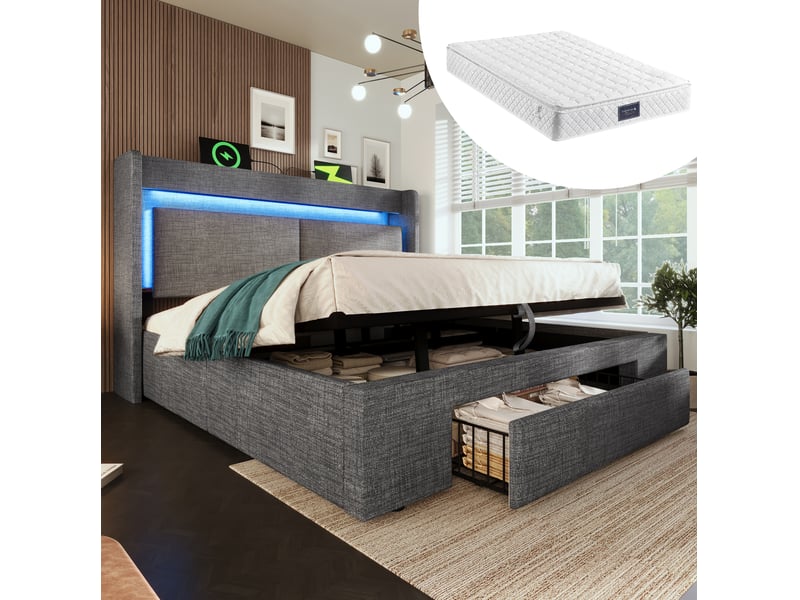  Lit coffre 160 × 200 cm 2 places avec led réglable, usb et usb-c, rangement, matelas inclus, gris en lin  - Conforama B