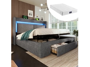 Lit coffre 160 × 200 cm 2 places avec led réglable, usb et usb-c, rangement, matelas inclus, gris en lin