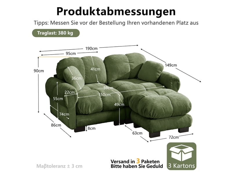  Canapé d'angle modulable en l, 2 places, avec pouf amovible, montage facile, 190 x 149 x 90 cm, vert  - Conforama C