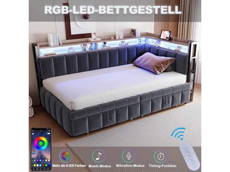  Lit banquette - 90x200 cm - éclairage led - usb et usb-c - sommier à lattes - velours - lit gigogne - gain de place - gris foncé CozyNest - Conforama E