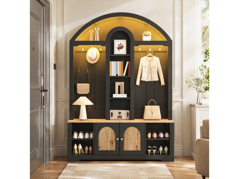  Meuble d'entrée avec 2 portes, étagères ouvertes et crochets pour hall, mdf noir aspect bois, 150 × 40 × 195 cm  - Conforama C