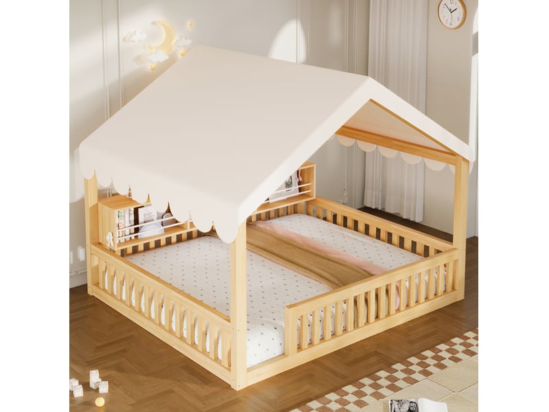  Lit cabane jeune 140x200 cm avec led, bibliothèque et sécurité bois naturel  - Conforama B