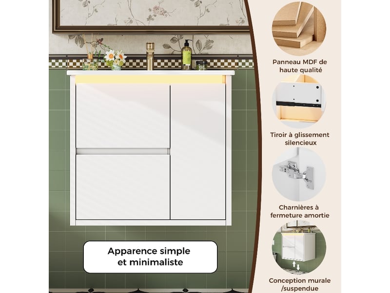  Meuble salle de bain suspendu 61 cm avec vasque en céramique intégrée, meuble vasque blanc laqué, éclairage led capteur  - Conforama D