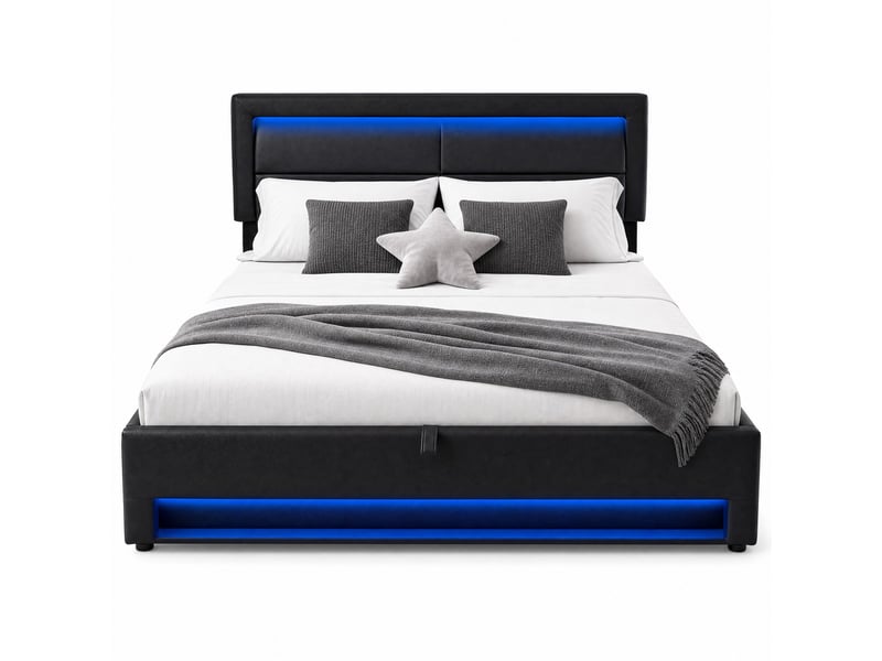Lit rembourré 160 x 200 cm noir en pu avec led, usb, charge sans fil et rangement - Conforama A