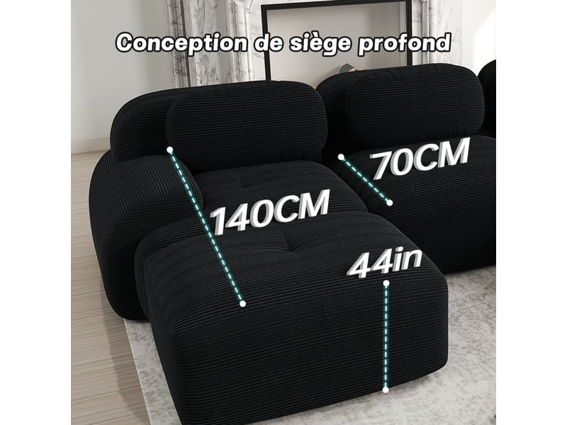  Canapé d'angle modulable 3 places 298cm en velours côtelé noir,confort hautement élastique,accoudoirs galbés,base anti-dérapant 298x178x75cm - Conforama D
