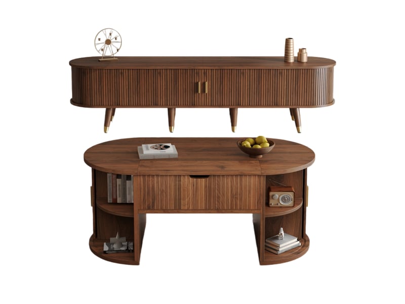  Ensemble de meubles de salon 2 pièces – table basse relevable + meuble tv – portes coulissantes – stries verticales – aspect bois  - Conforama A