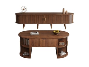 Ensemble de meubles de salon 2 pièces – table basse relevable + meuble tv – portes coulissantes – stries verticales – aspect bois