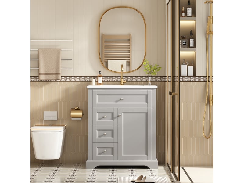  Meuble salle de bain avec lavabo 76x46x87cm, meuble sous vasque sur pied en mdf gris, tiroirs et étagère  - Conforama C