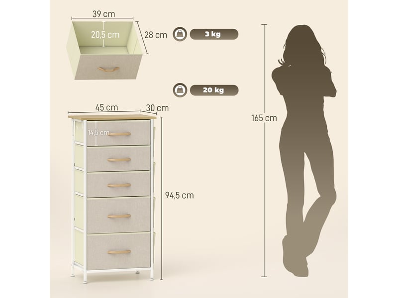  Commode 5 tiroirs en tissu, meuble de rangement avec 4 poches, 2 crochets, structure en acier, 45 x 30 x 94,5 cm, beige  - Conforama C