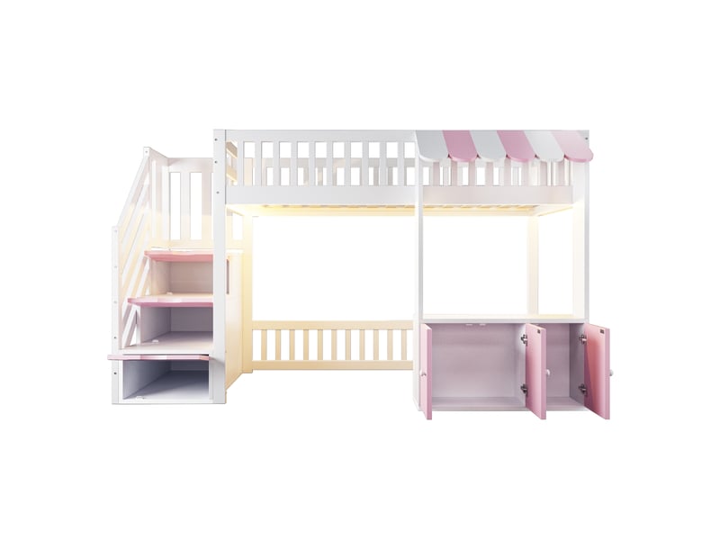  Lit mezzanine en bois 90×200 cm, avec armoire de rangement, escalier de rangement, bande lumineuse led multicolore, design sous les combles, sommier à lattes, lit simple, rose  - Conforama D