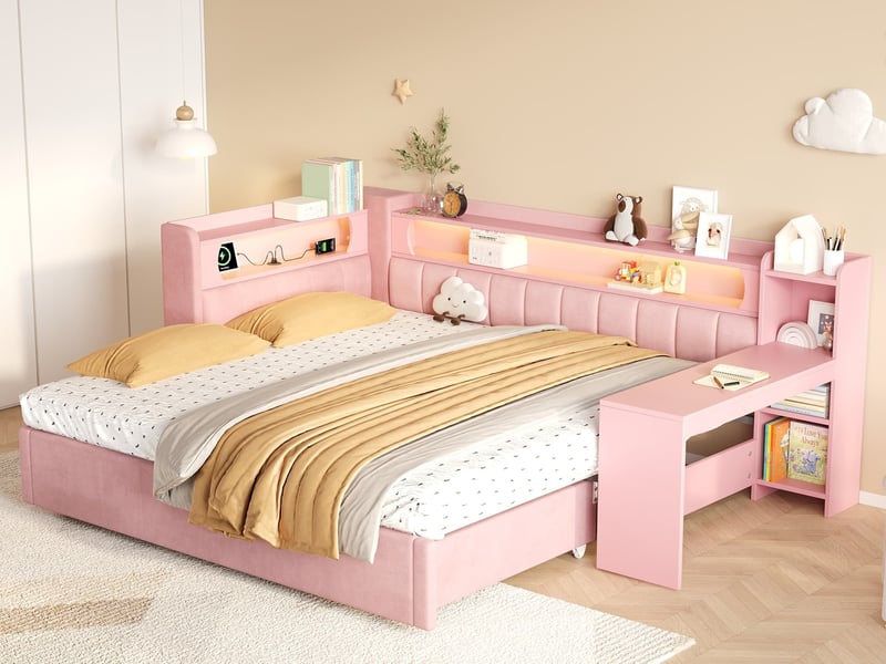  Lit enfant rembourré rose, 90x200 à 180x200 cm, avec bureau, rangement tête de lit, led et ports usb  - Conforama B