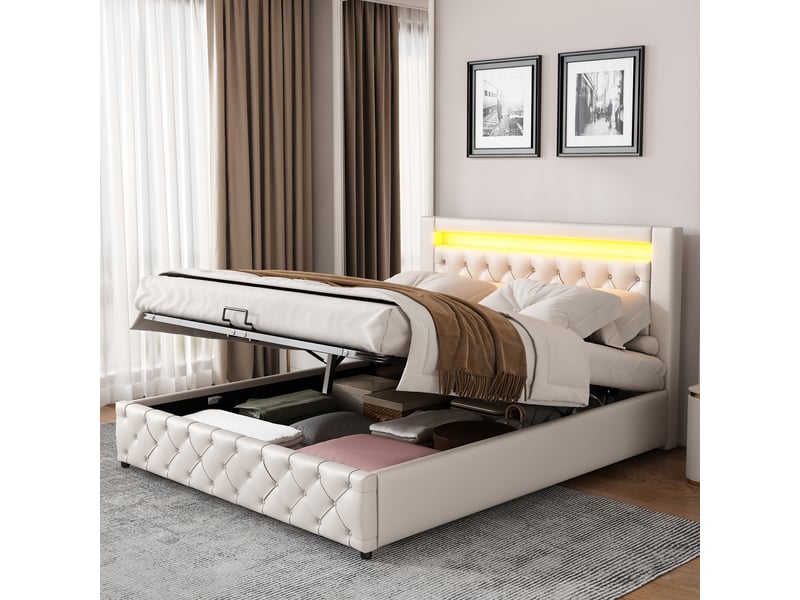Lit coffre 160x200 cm en pu blanc avec led, sommier inclus Fay Lum - Conforama B
