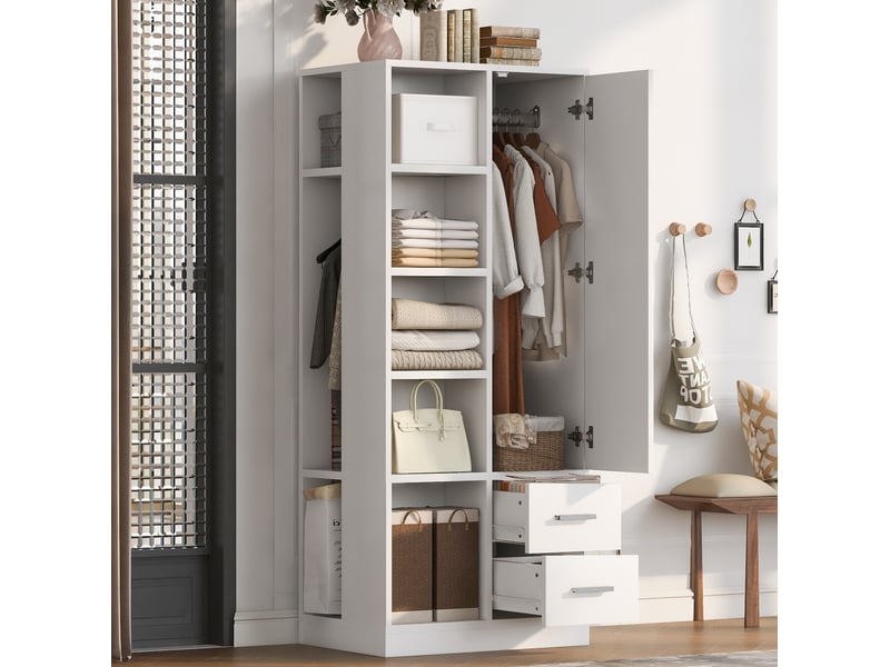  Armoire 1 porte 70x50x170 cm blanche avec tringles et 2 tiroirs  - Conforama B