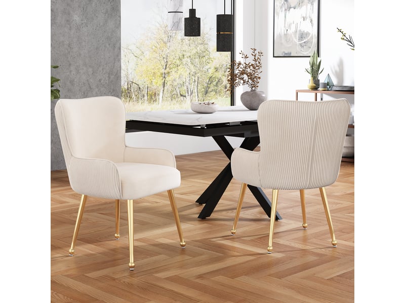  Lot de 6 chaises de salle à manger en velours beige avec accoudoirs, soutien lombaire et pieds métalliques  - Conforama B