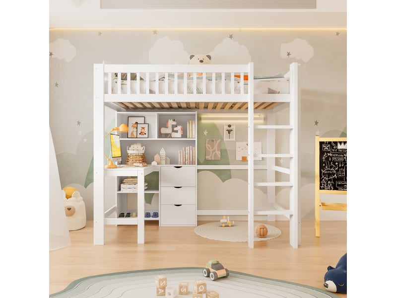  Lit mezzanine enfant 90x200 cm avec bureau et 3 tiroirs blanc  - Conforama B
