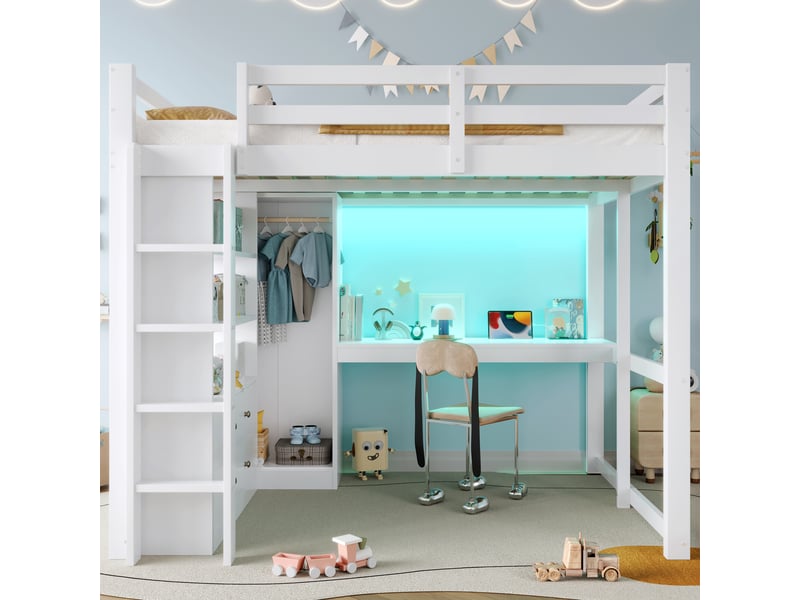  Lit mezzanine 140x200 cm, bureau sous lit, led usb, lit adoenfant, armoire, 2 tiroirs, étagères, mdf et bois massif, blanc Seren Glow - Conforama D