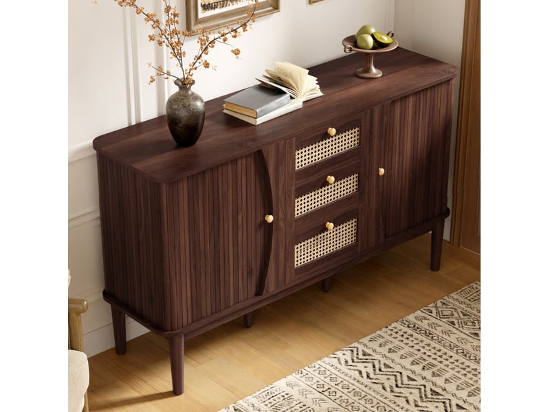  Buffet bas 141 cm à portes coulissantes et 3 tiroirs rotin homvra  - Conforama E