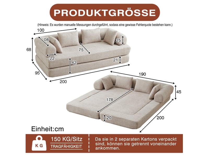 Canapé convertible modulaire 4 en 1 avec dossier réglable, 4 coussins et base antidérapante en chenille kaki - Conforama D