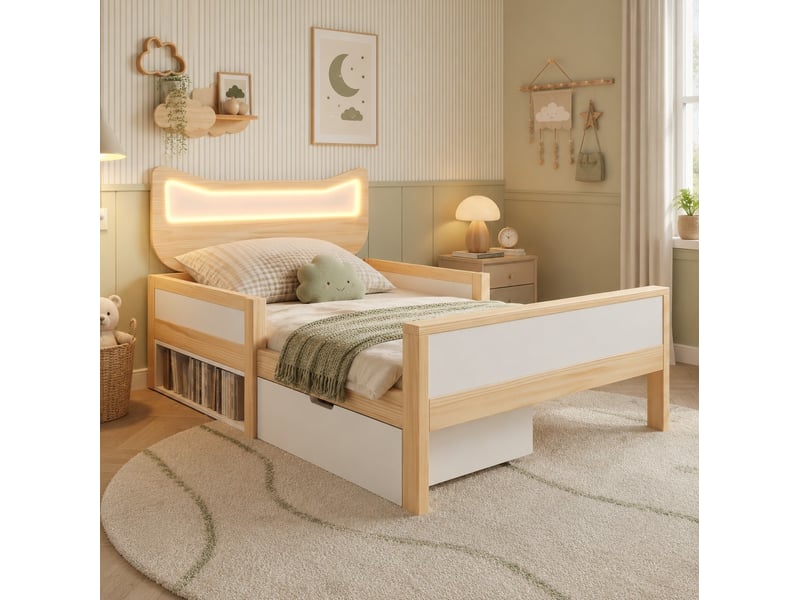  Lit enfant 90 × 190 cm avec tête de lit chats, led rgb, sommier, tiroir et rangements, blanc et chêne en bois  - Conforama E