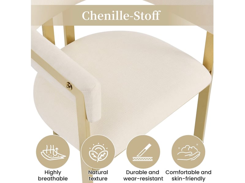  Lot de 6 chaises de salle à manger avec dossier incurvé et structure métallique dorée, en chenille beige et doré  - Conforama E