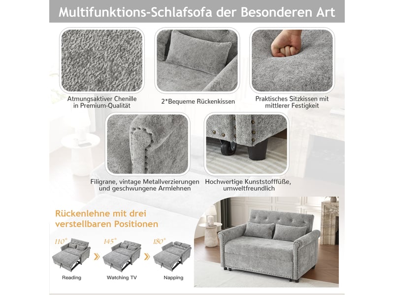  Canapé-lit convertible 3-en-1 2 places 120x80x82 cm avec couchage 170x98 cm, dossier réglable 3 positions, 2 coussins, chenille gris  - Conforama E