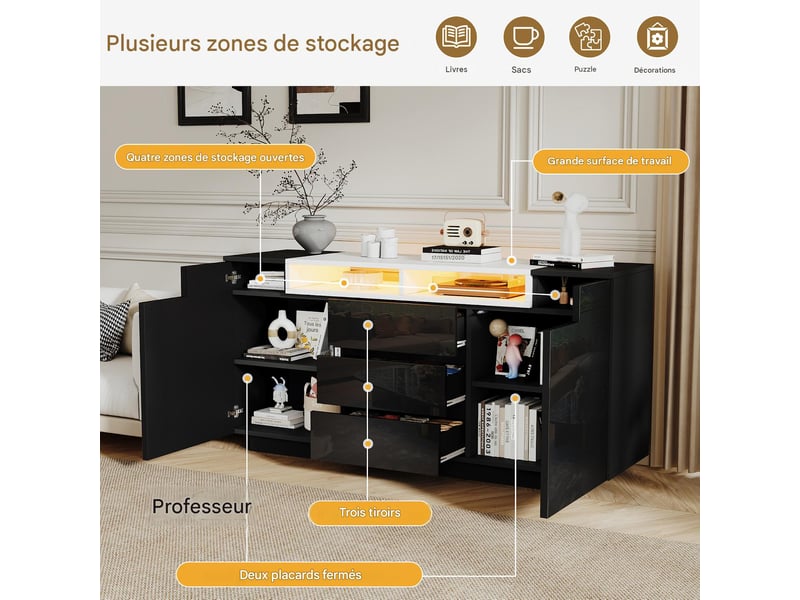  Buffet 2 portes 3 tiroirs avec led en panneau de particules noir 140x40x68 cm N625P333718719S - Conforama E