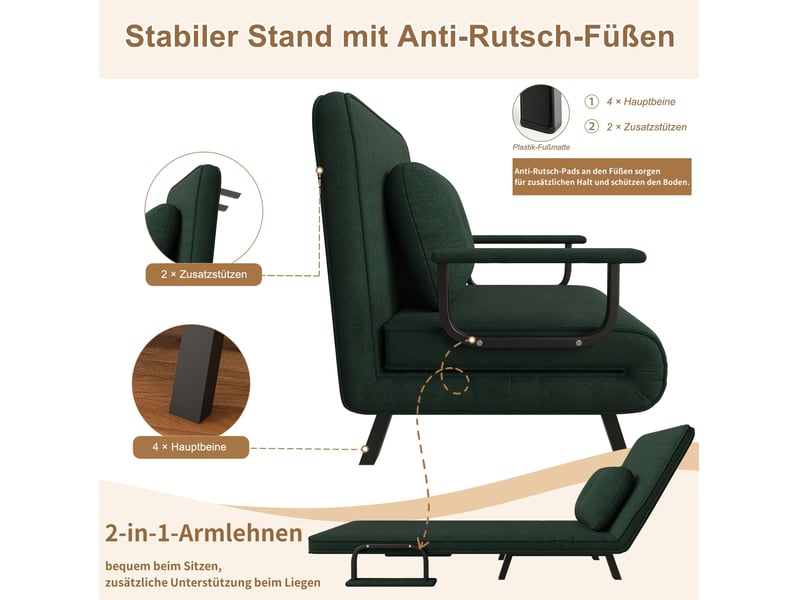  Fauteuil relaxinclinable 60x60x80 cm, tissu en chenille, vert foncé, dossier 5 positions, structure en métal, angle 180°  - Conforama D