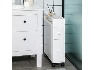 Meuble de salle de bain 16x49,5x66 cm à roulettes, 2 tiroirs et 1 compartiment ouvert, mdf blanc