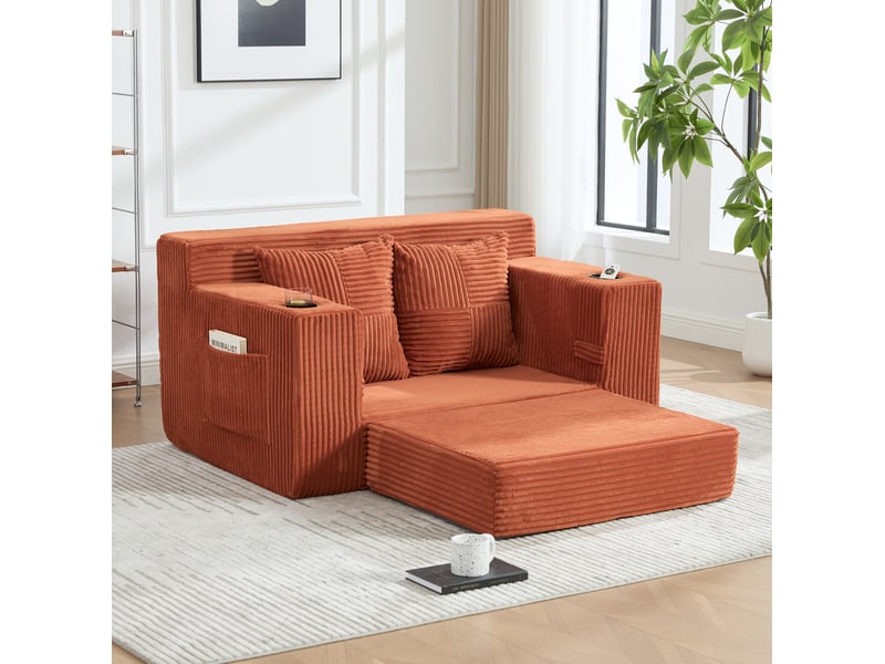  Canapé-lit 2 places tcqpz convertible 151 x 133 x 64 cm velours côtelé orange  - Conforama D