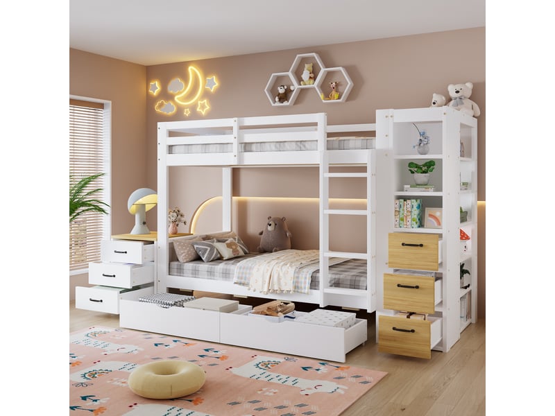  Lit superposé 90x200cm - lit enfant avec 2 tiroirs de lit, bibliothèque latérale, échelle &amp; table de chevet - blanc et bois  - Conforama B