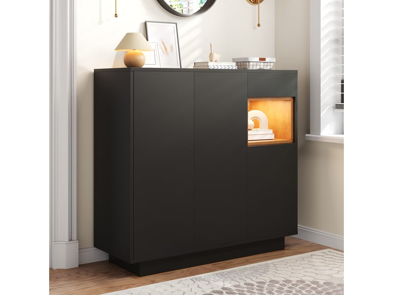  Meuble à chaussures 105x39,5x100,5 cm noir et bois avec éclairage led intégré et rangements réglables  - Conforama W