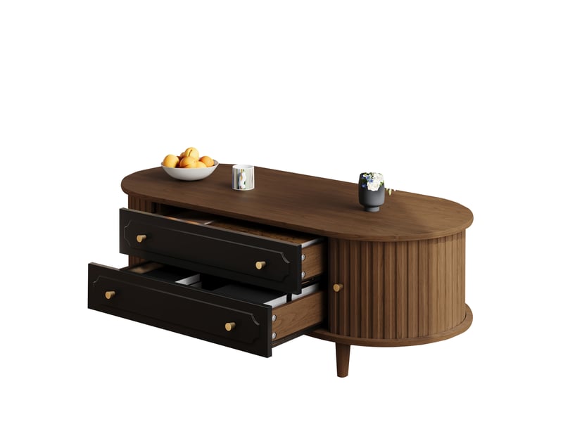  Table basse 100x50x36 cm noyer et noir, 2 tiroirs, portes tambour et poignées métalliques Fay Lum - Conforama A