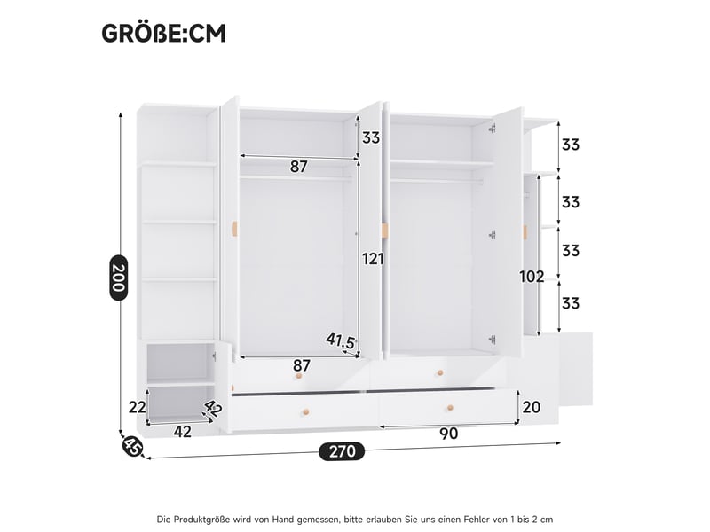  Grande armoire de chambre 270 x 45 x 200 cm, avec 6 portes et 4 tiroirs, 4 tringles, poignées en bois massif, blanc  - Conforama C