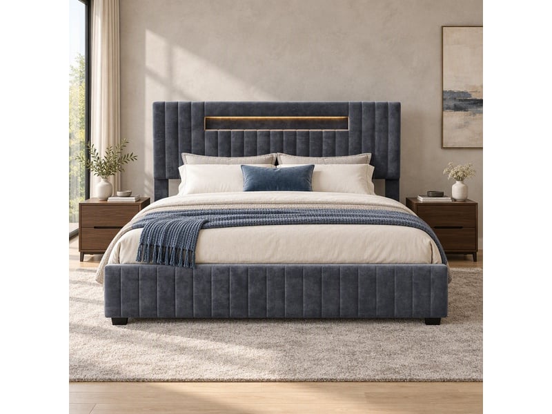 Lit coffre 2 places 140x200 cm, lit adulte avec rangement, tête de lit avec led, design européen, velours gris - Conforama C