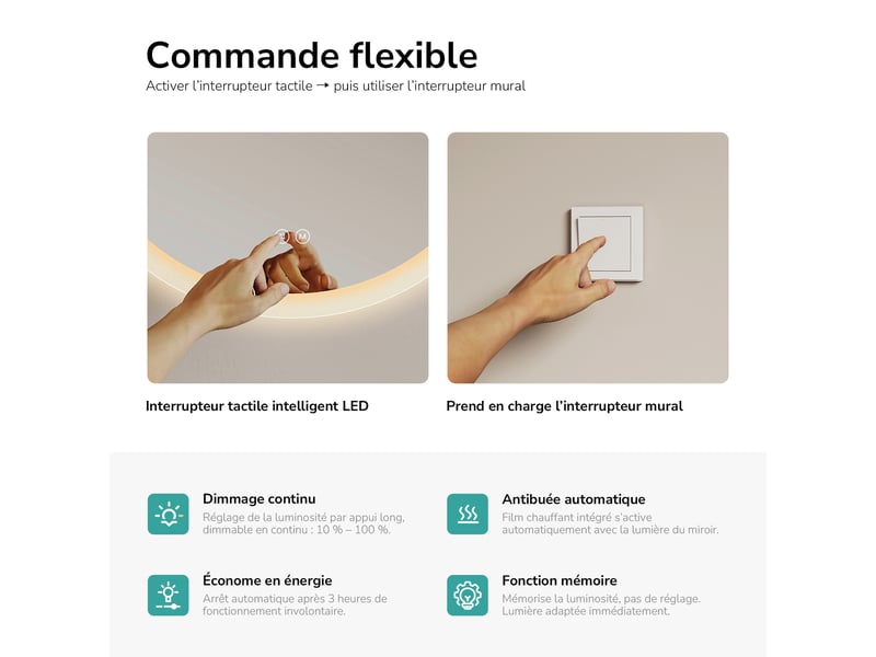 Emke miroir lumineux salle de bain rond diamètre 70cm, miroir led avec interrupteur tactile, anti-buée, miroir avec éclairage 3 couleurs - Conforama E
