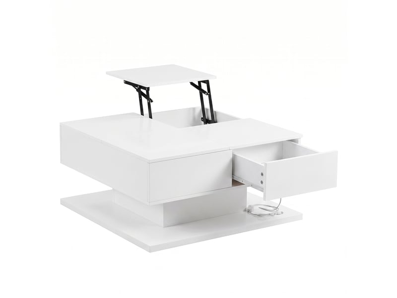  Table basse relevable,72x72x35 cm,2 tiroirs avec led,blanche  - Conforama D