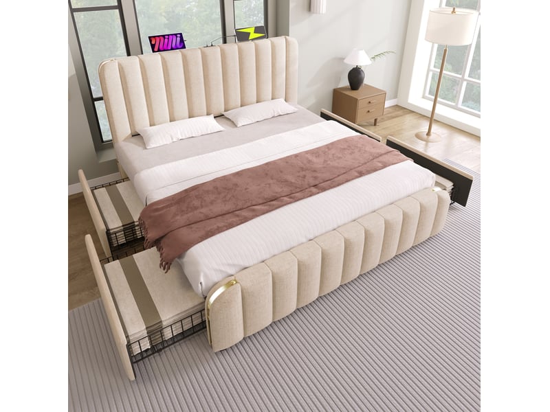  Lit double 180x200 cm avec 4 tiroirs et ports usb et type c en lin beige  - Conforama C