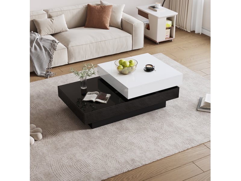  Table basse pivotante avec 2 niveaux de rangement, plateau brillant bicolore pour salon, 103 × 60 × 35,5 cm  - Conforama D