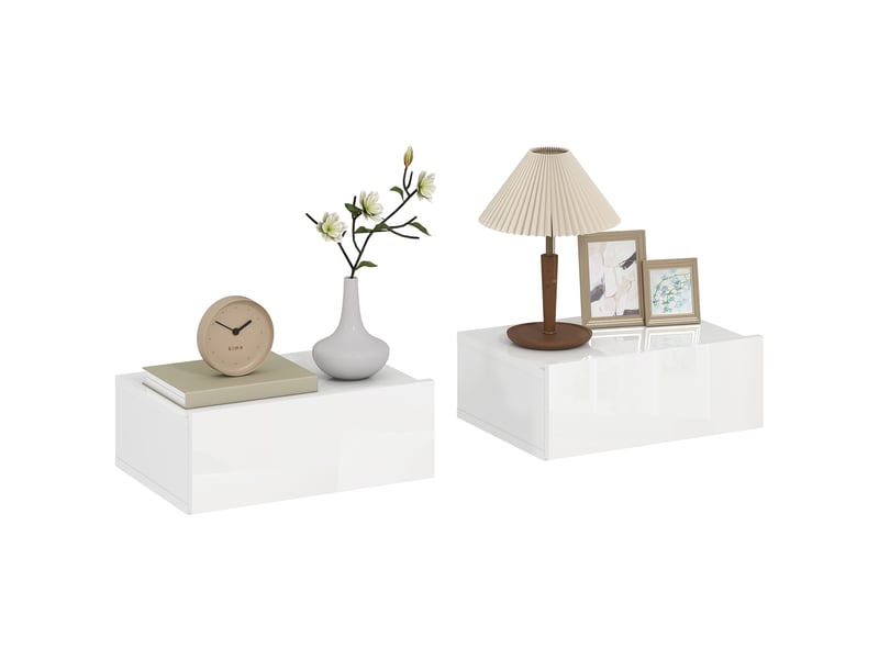  Ensemble de 2 tables de chevet suspendues avec 1 tiroir, fixation murale, style moderne pour chambre, 40 x 30 x 15 cm, blanc  - Conforama A