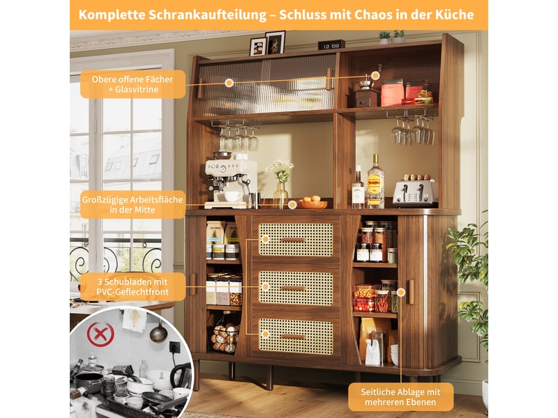  Buffet haut aspect noyer, 140x40,5x174,5 cm, mdf, 3 tiroirs aspect rotin, portes en verre coulissantes, charge 60 kg  - Conforama C