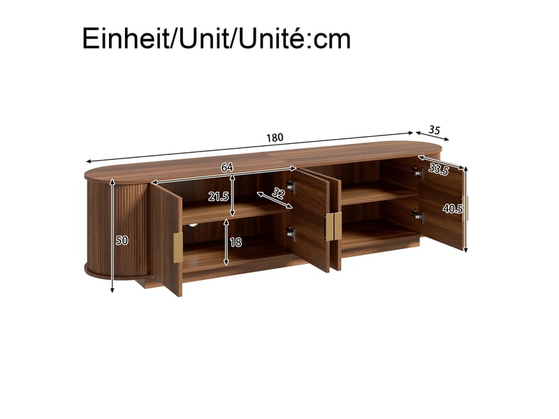  Meuble tv 4 portes avec rangement, portes à structure ondulée, poignées métalliques pour salon, en bois noyer  - Conforama E