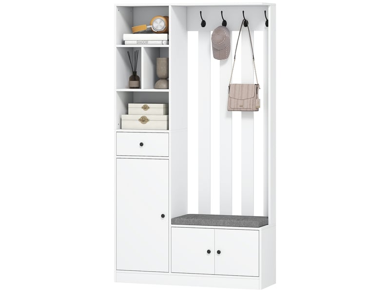  Meuble d'entrée 180 cm avec banc à chaussures, 4 crochets et étagères ouvertes, vestiaire en mdf blanc pour couloir  - Conforama E