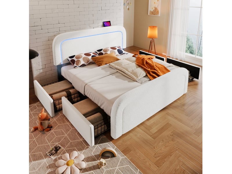  Cadre de lit 160x200 cm avec usb type c, led et 4 tiroirs, sherpa, blanc  - Conforama C